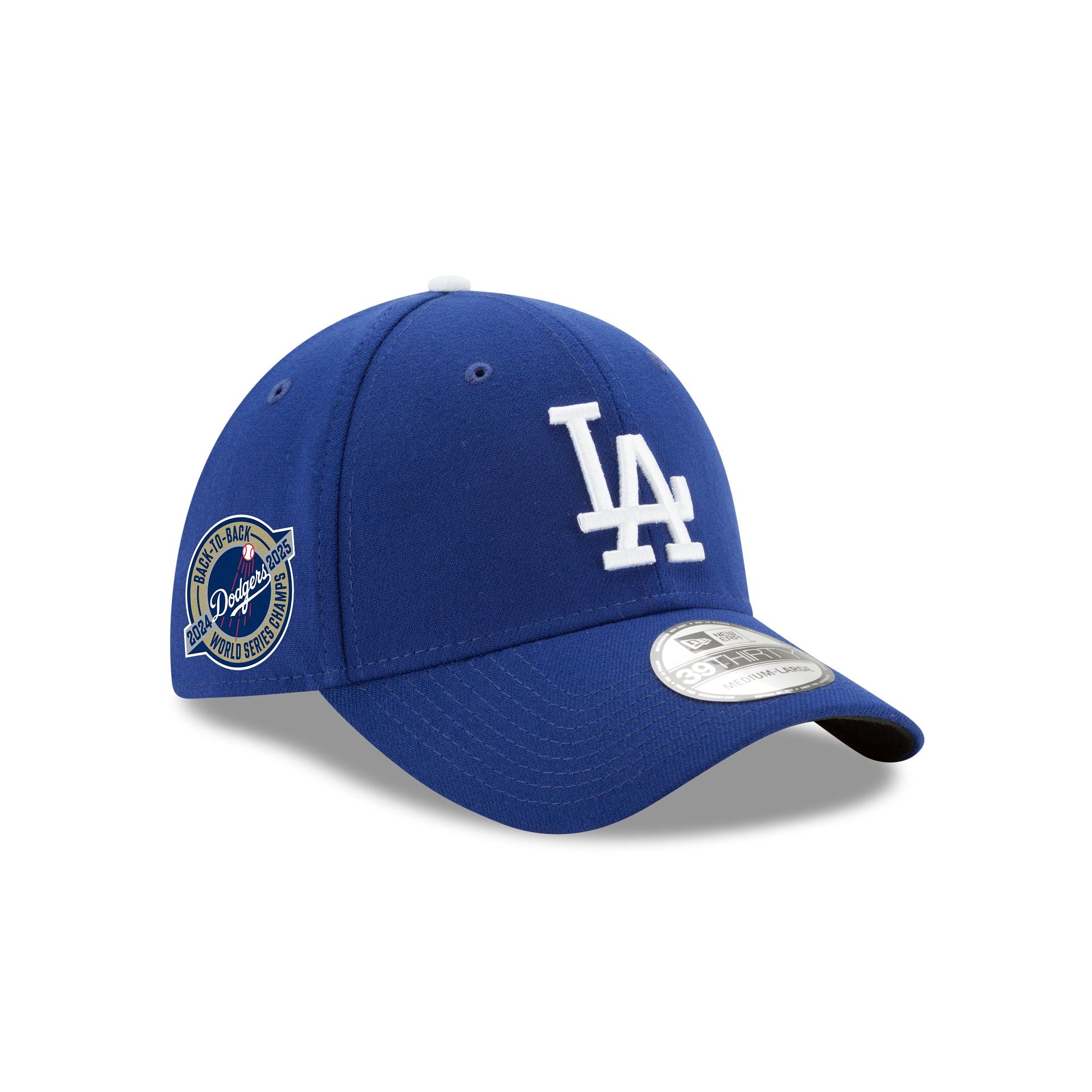 Los Angeles Dodgers 2025 World Series Champions Back-to-Back Circle Patch 39THIRTY Stretch Fit Hat